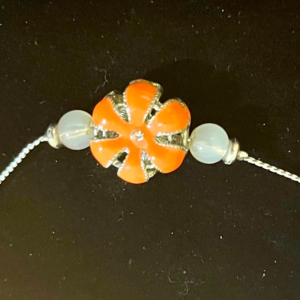 Extra Long Silver Pink Orange Flower Necklace - Picture 4 of 5